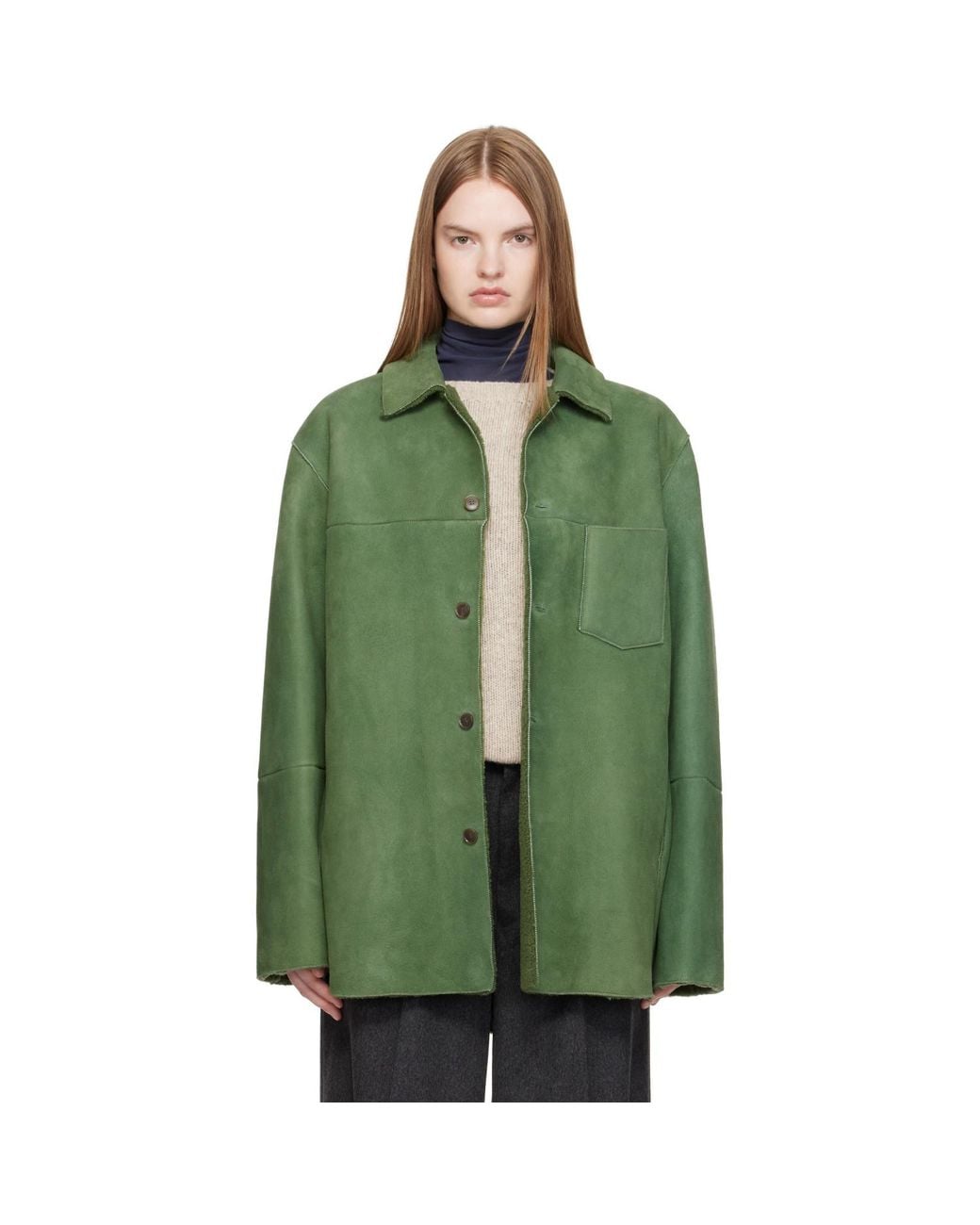 Auralee Green Merino Mouton Shearling Shirt Jacket