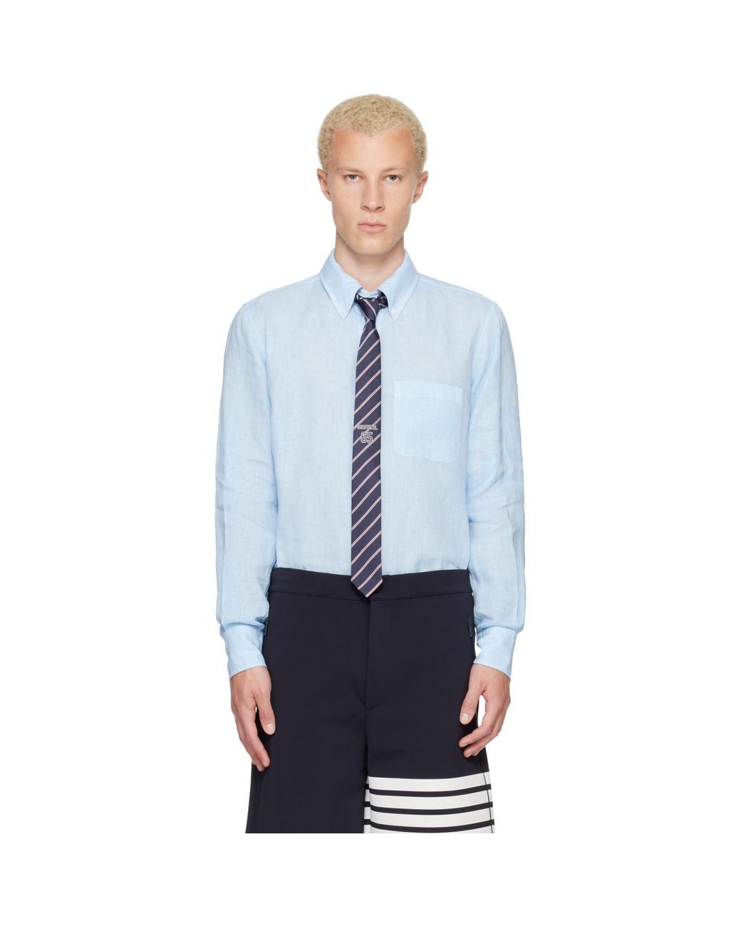 Thom Browne Blue Linen 4-Bar Shirt for men