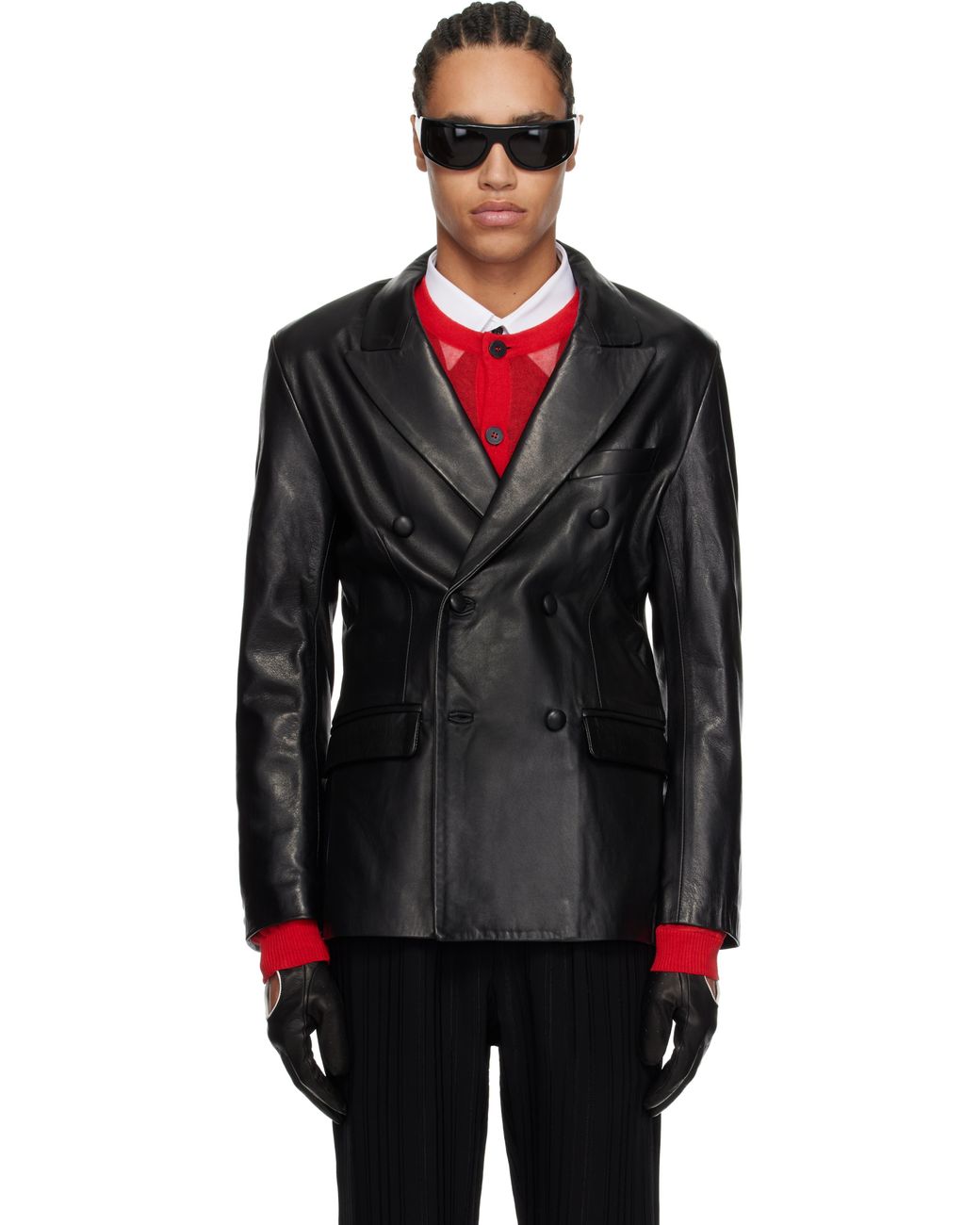 レザージャケット・コート Double-Breasted Leather Blazer Ernest W. Baker Double Breasted Leather Blazer in Black for