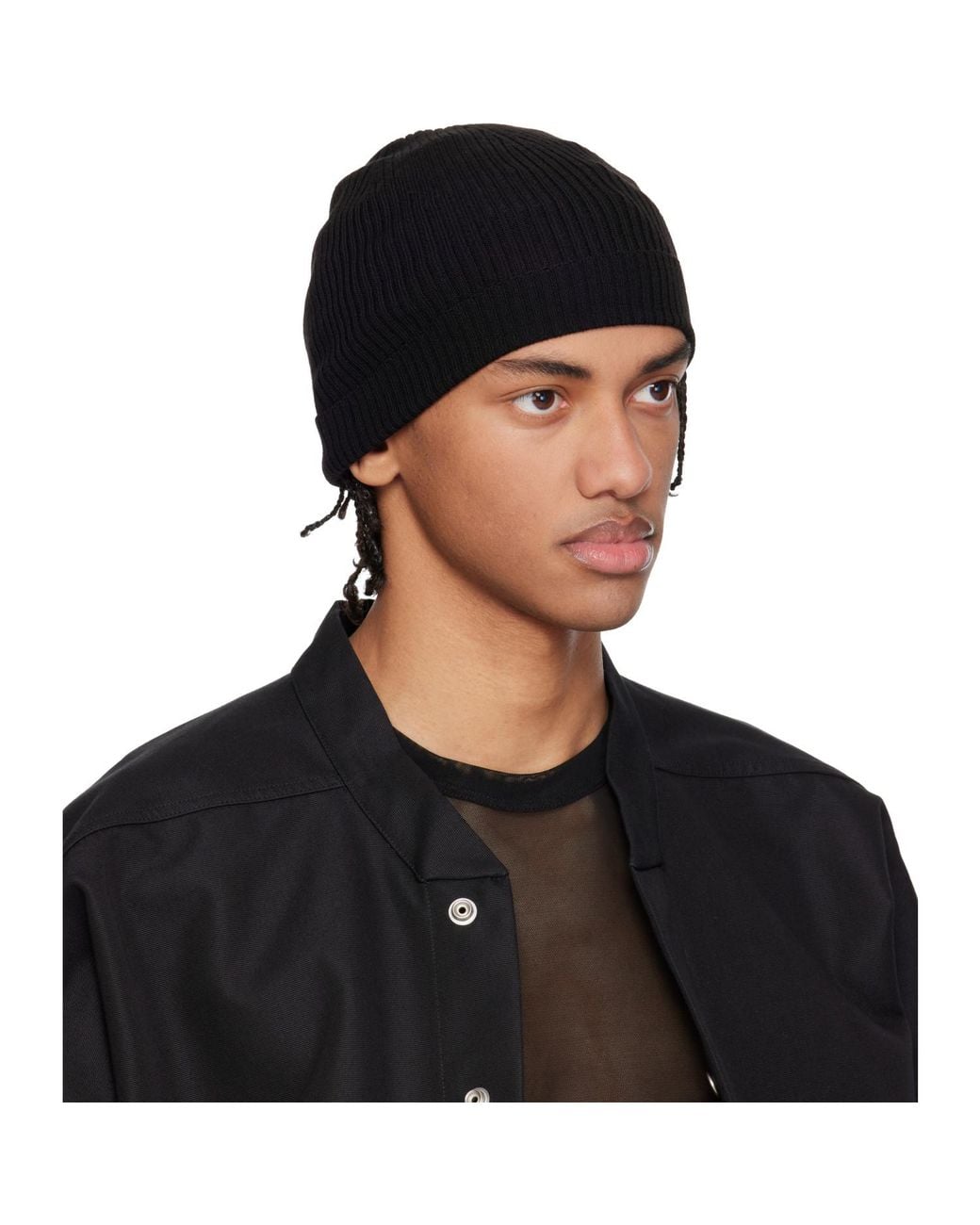 Rick Owens Black Temple Ribbed Beanie for men