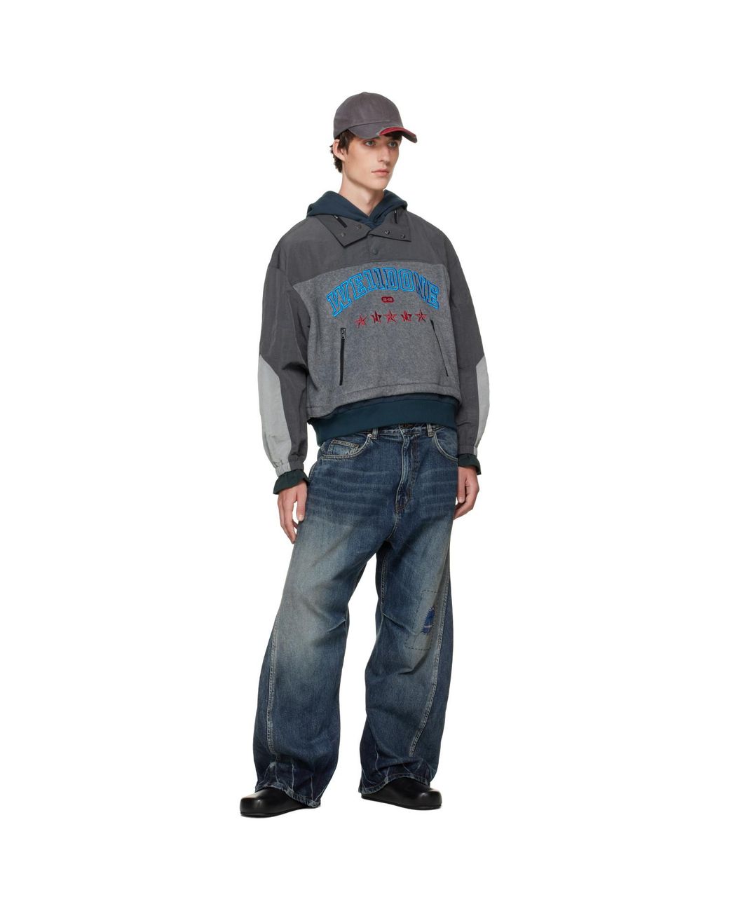 we11done Blue Layered Fleece Hoodie for men
