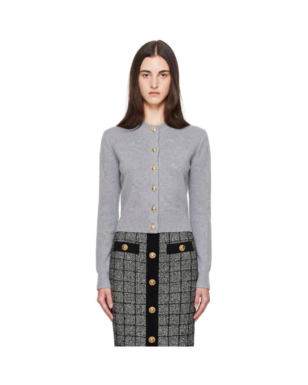 Balmain Gray Buttoned Round Collar Cashmere Cardigan