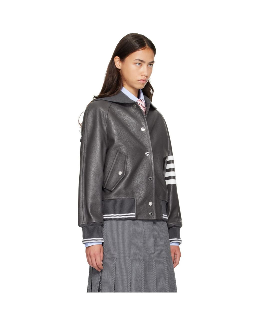 Thom Browne Gray Leather 4-Bar Oversized Blouson Jacket