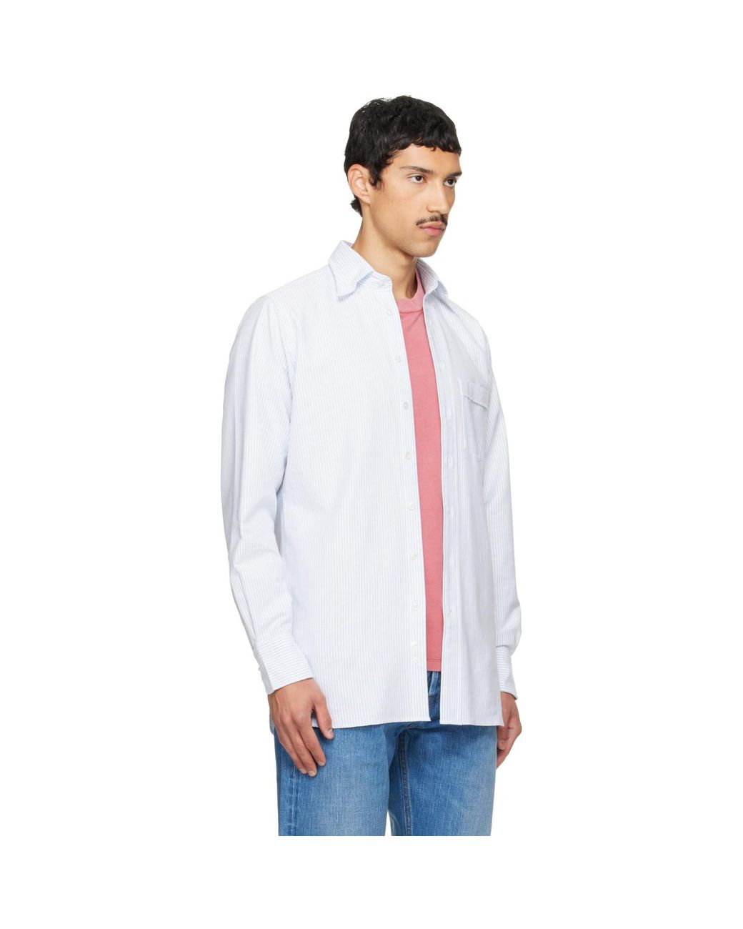 Drake's White Ticking Stripe Cotton Button-Down Shirt for men