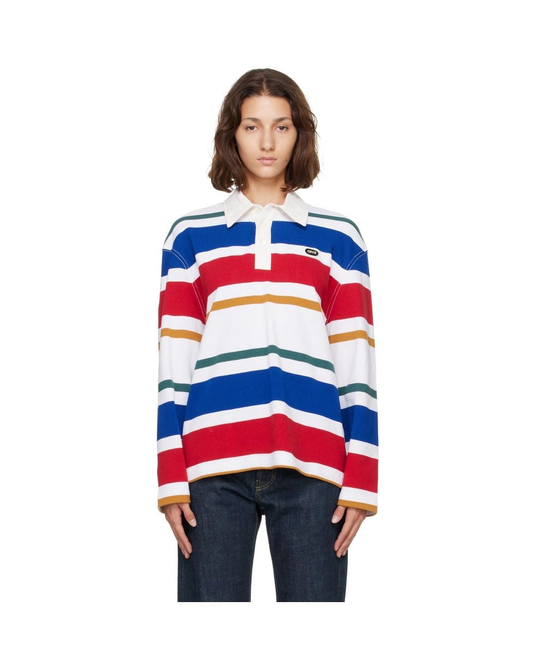 AMI Red Striped Cotton Ami Patch Polo
