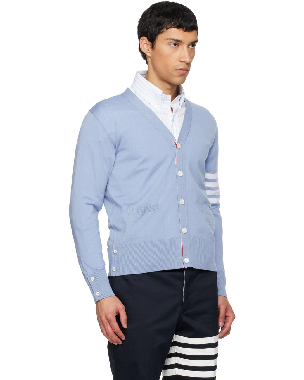 Thom Browne Blue Merino Wool 4-Bar Classic V-Neck Cardigan for men