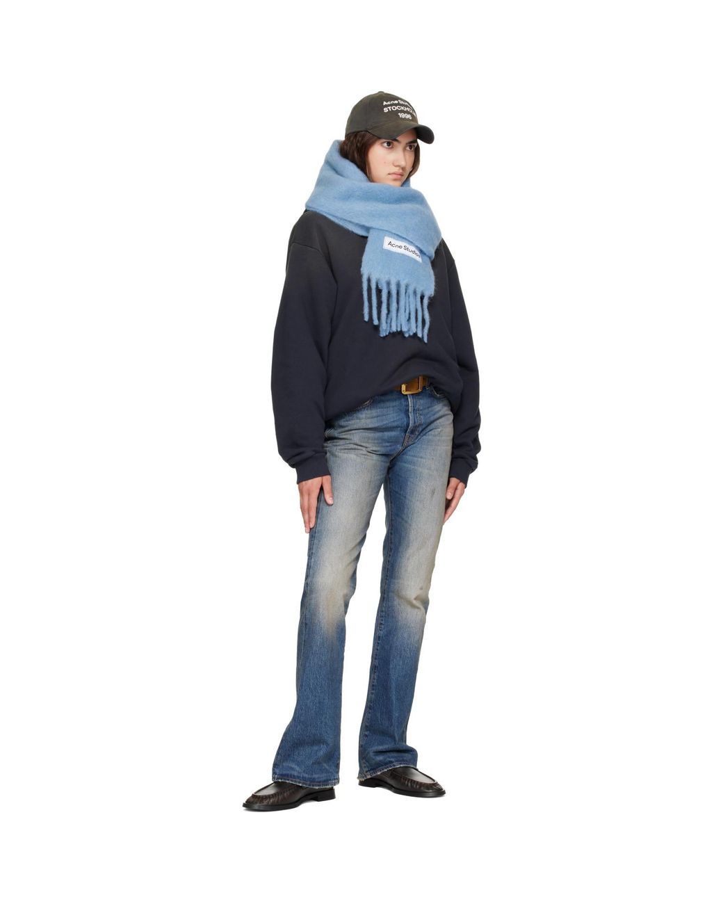 Acne Blue Fringed Logo Scarf