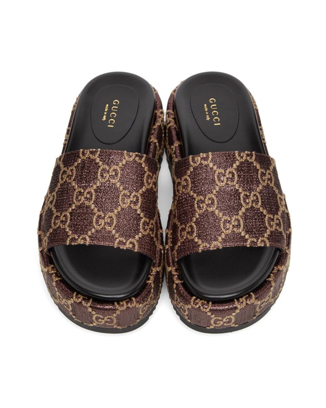 brown and gold gucci slides