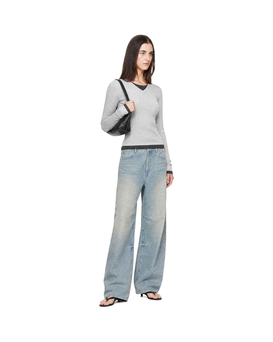 St. Agni Gray Organic Cotton V Neck Long Sleeve T-Shirt