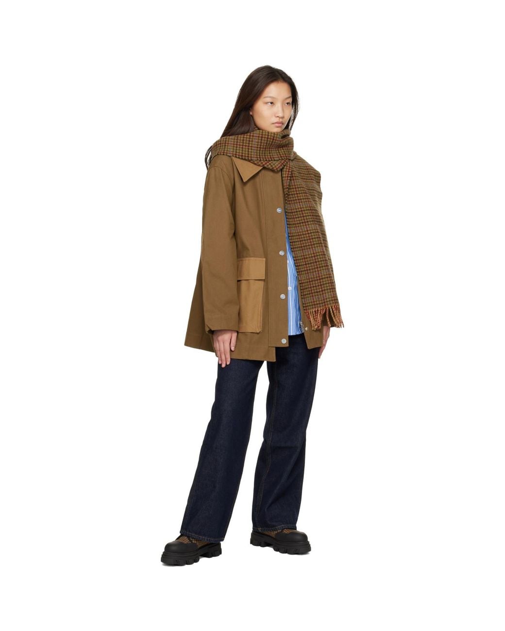 Ganni Green Mini Check Wool Scarf