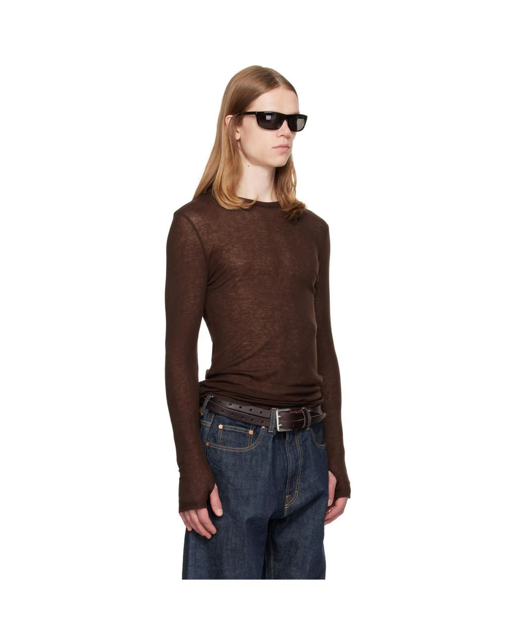 TONYWACK Brown Sheer Wool Ribbed Knit Sweater for men