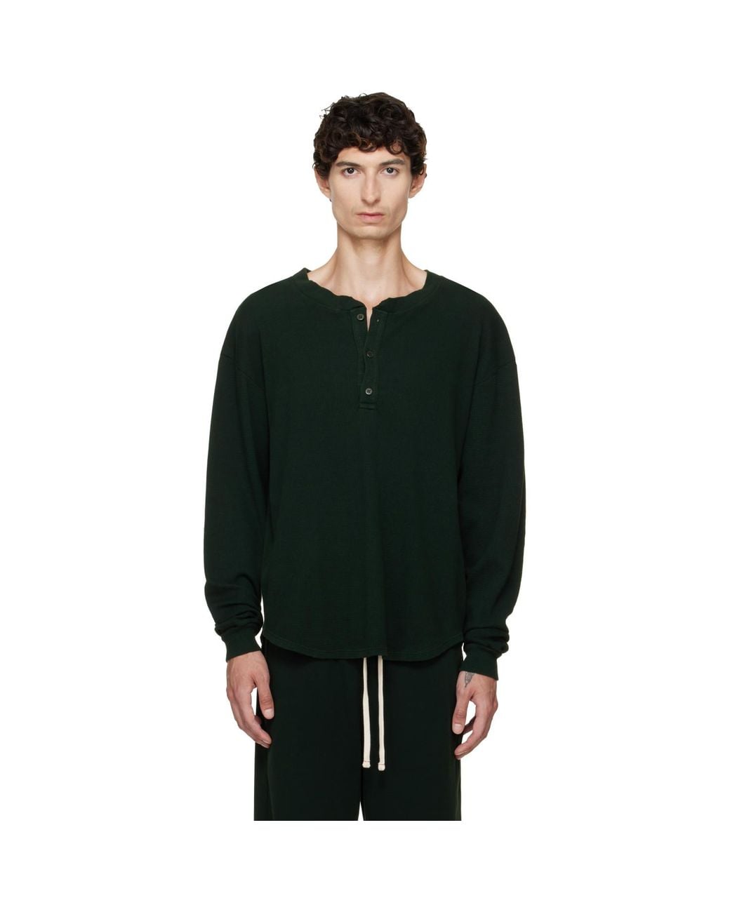 Les Tien Green Thermal Baseball Hem Henley for men
