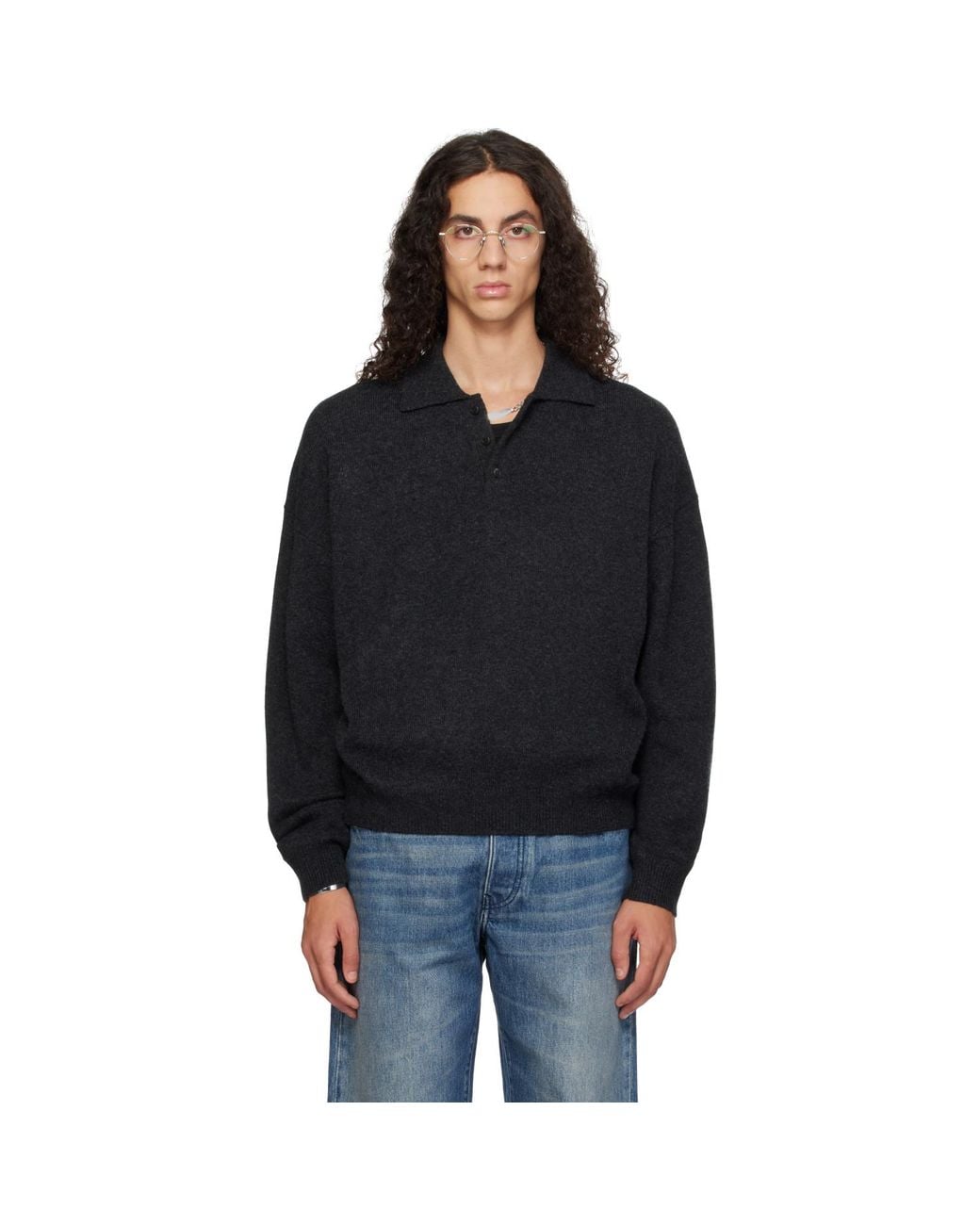 YACAIA Black Y-0024 Oversized Merino Polo for men