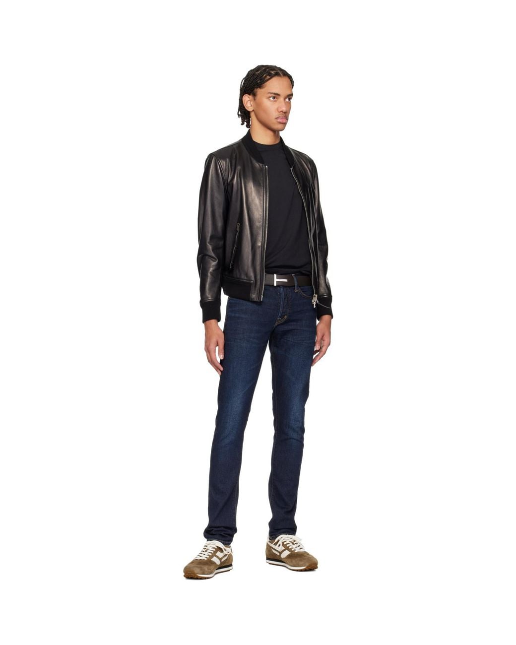 Tom Ford Black Grain Leather T Icon Reversible Belt for men