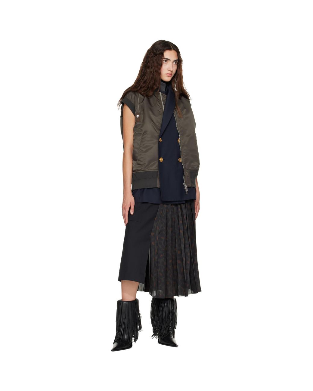Sacai Black Leopard X Suiting Midi Skirt