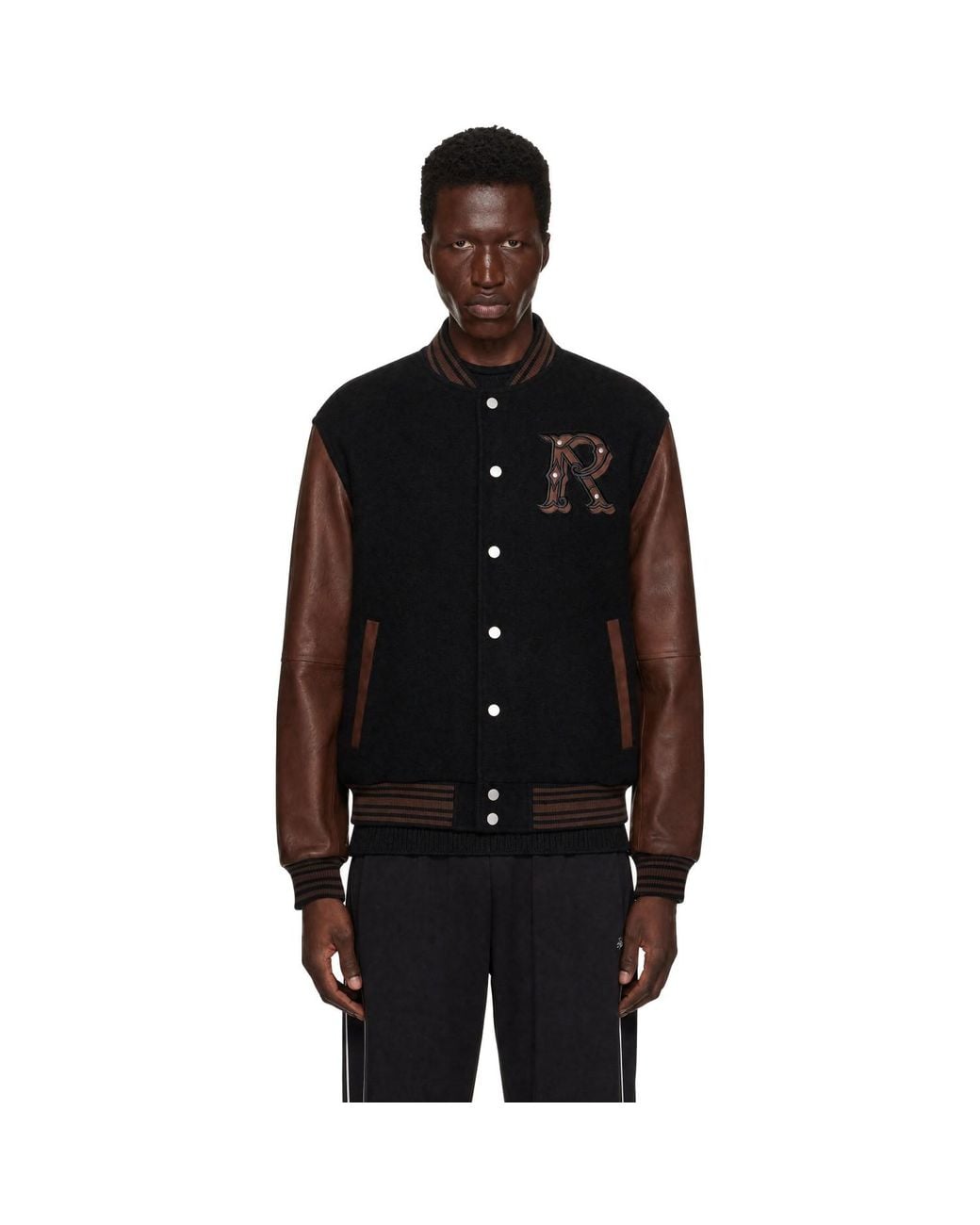 Represent Black Faux-Leather Varsity Bomber Jacket for men