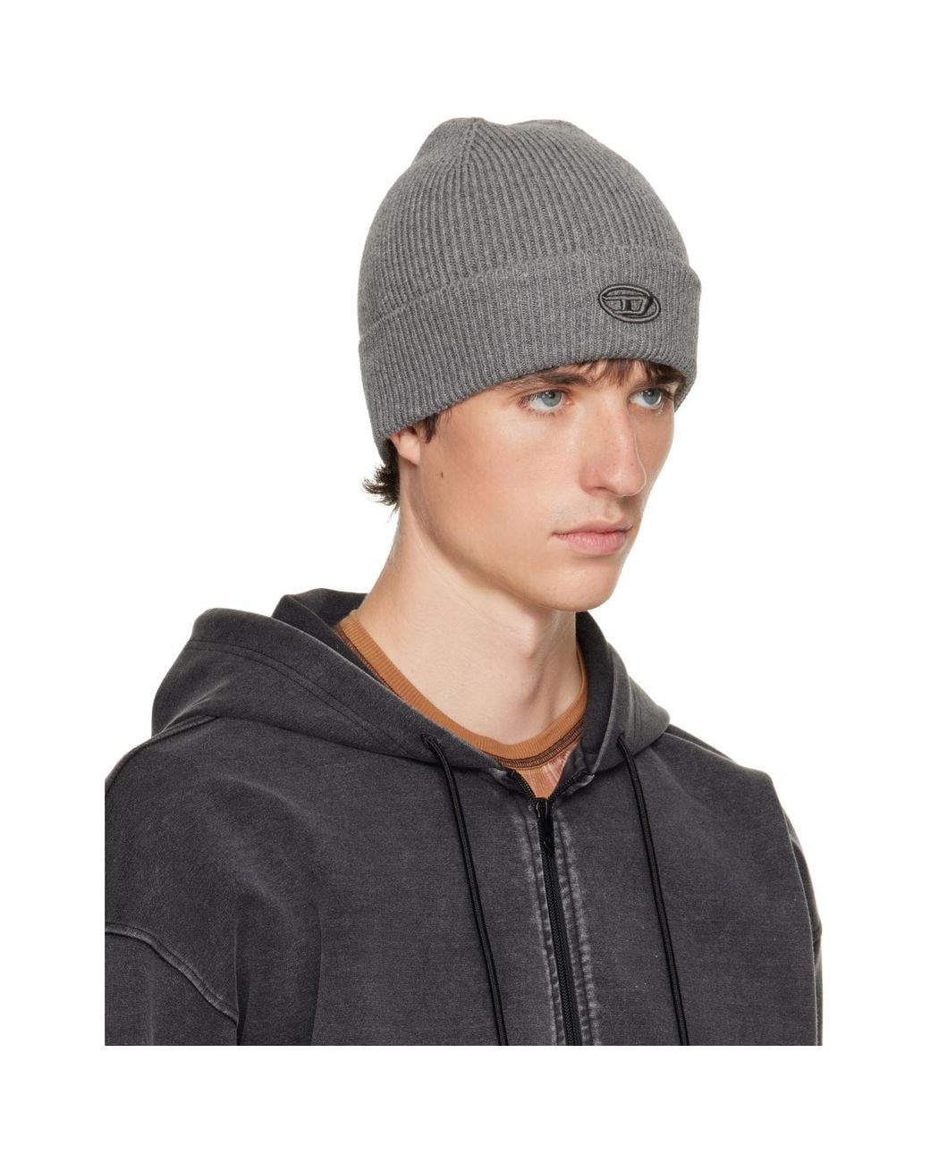 DIESEL Black Ribbed D Embroidery Beanie for men