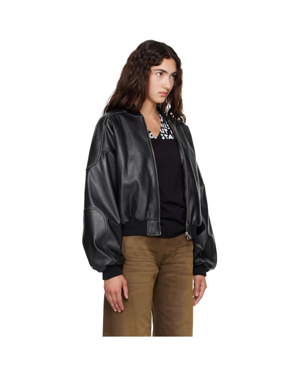MM6 by Maison Margiela Black Rib-Knit Trim Faux-Leather Bomber Jacket