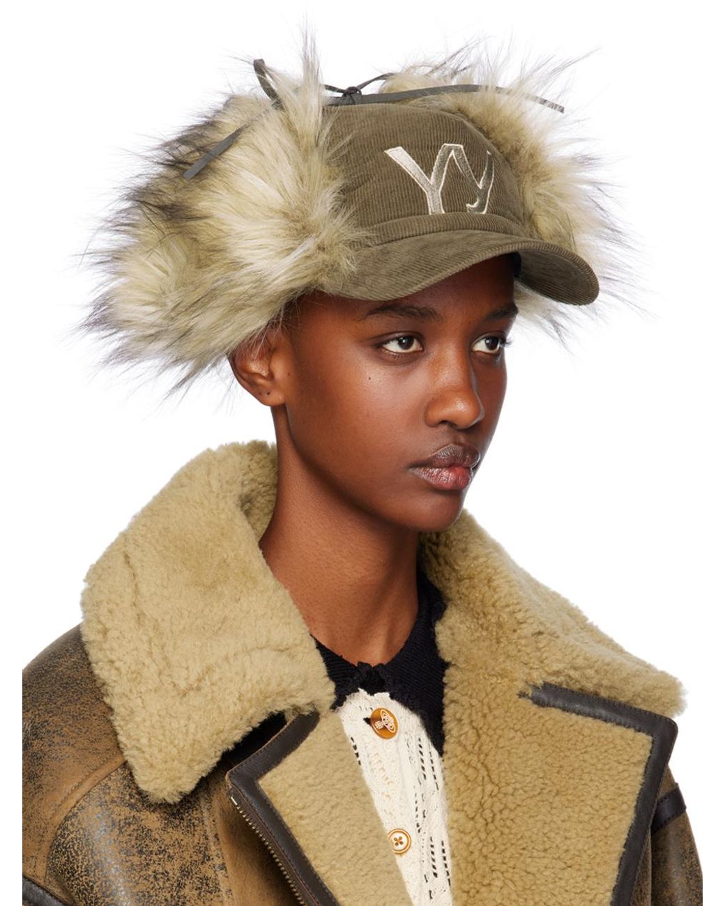 OPEN YY Corduroy Faux Fur Earflap Cap in Green | Lyst UK