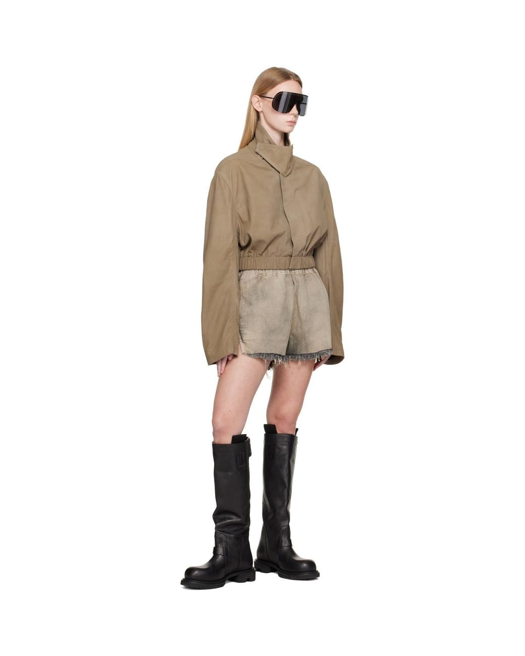 Rick Owens Brown Taupe Tower Collared Mac Leather Jacket