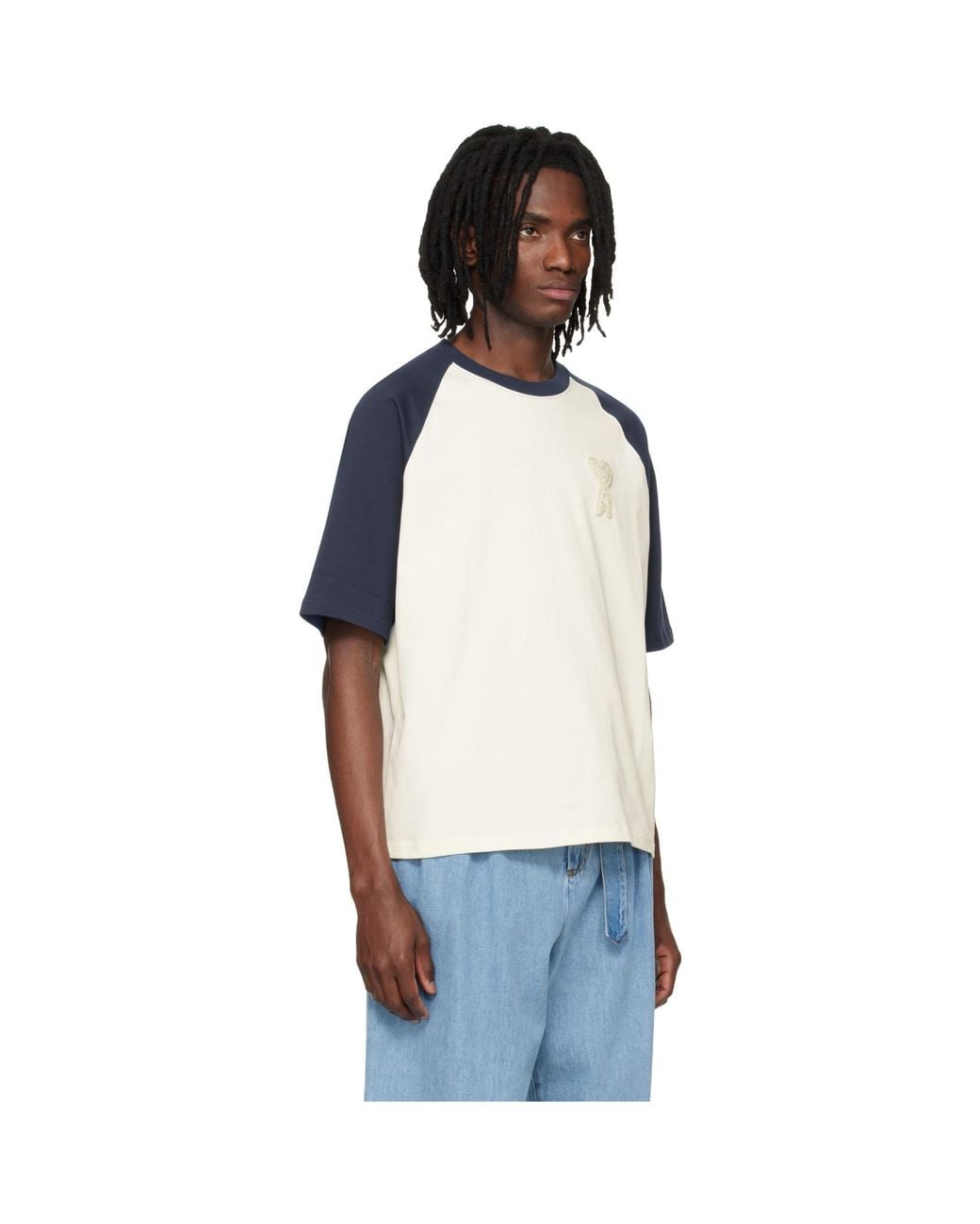 AMI Blue Cotton Ami De Coeur Knitted Patch T-Shirt for men