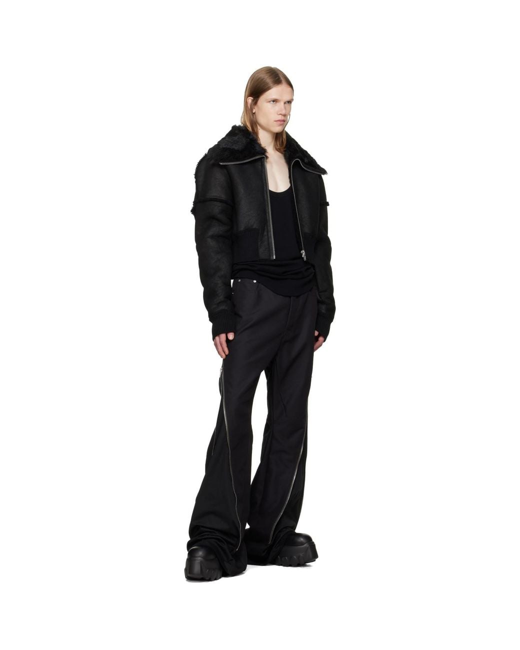 Rick Owens Black Tower Flight Cropped Leather Jacket for men