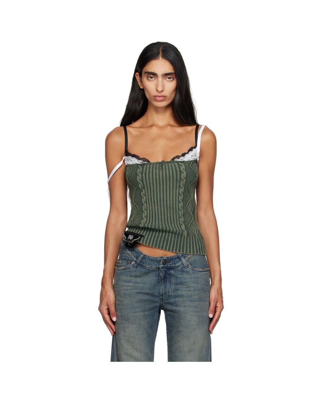 Balenciaga Green Patched Cotton Hybrid Cable Knit Tank Top