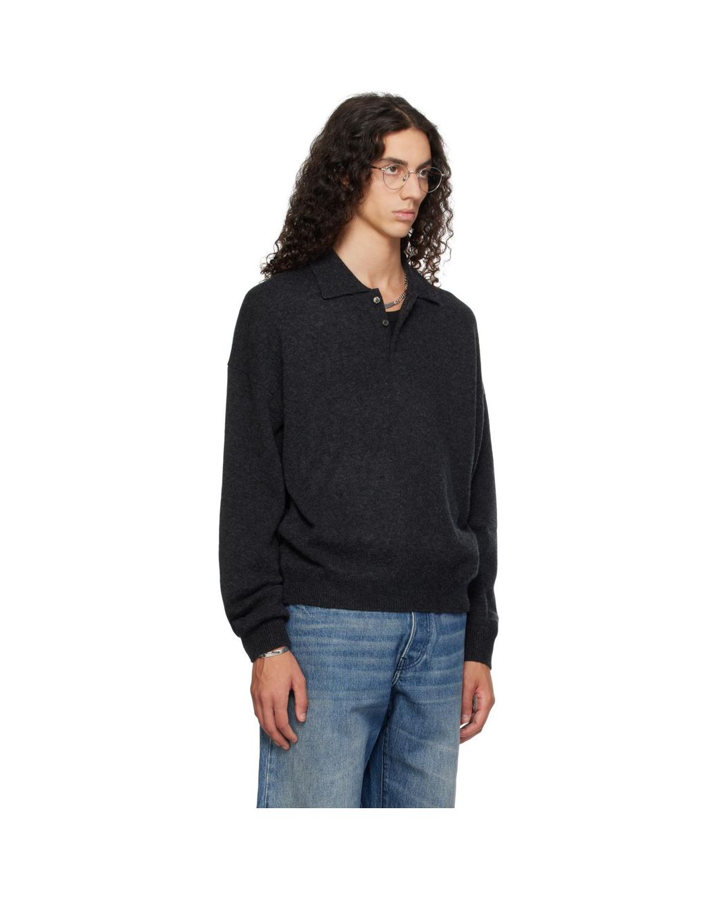YACAIA Black Y-0024 Oversized Merino Polo for men
