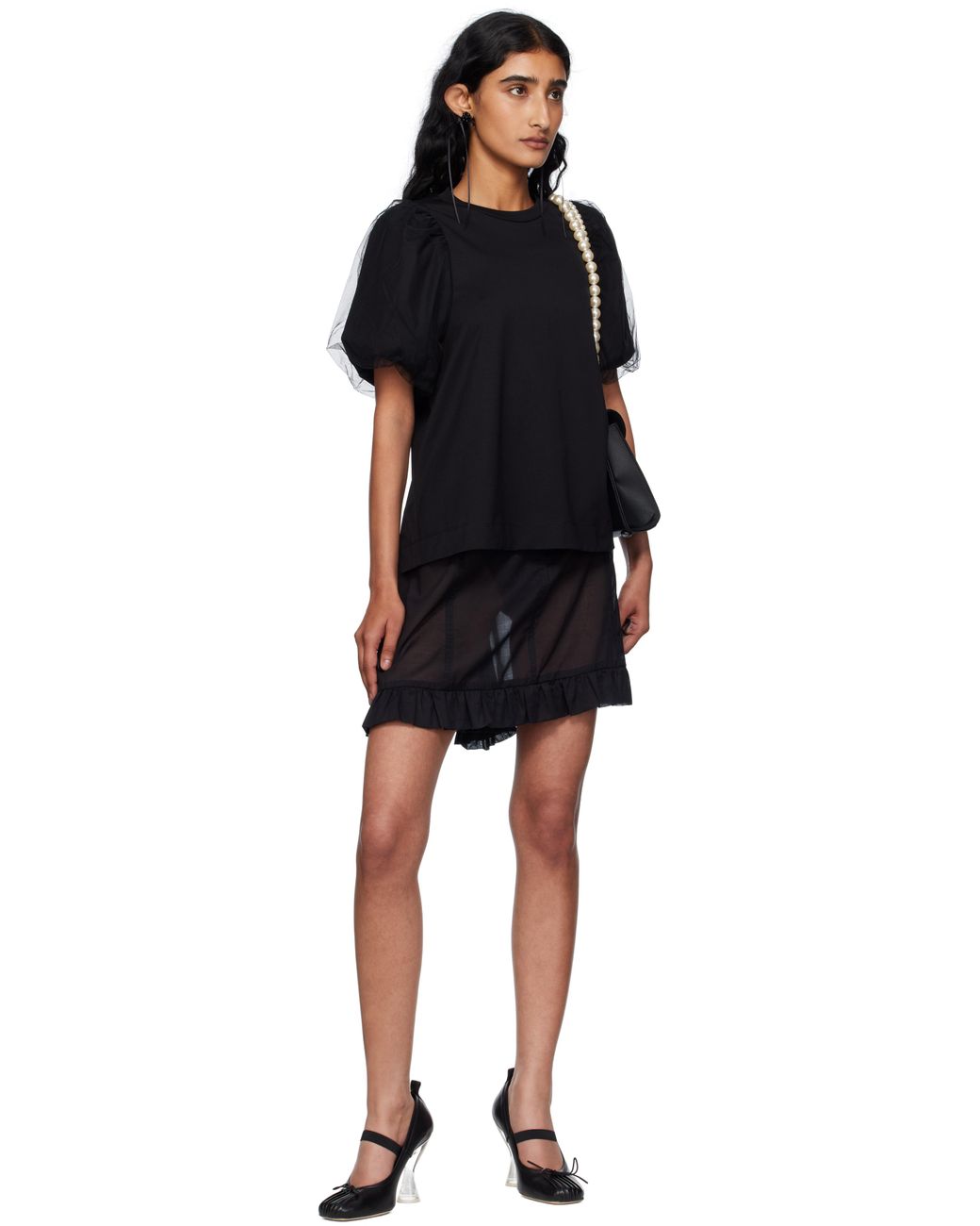 Simone Rocha Black Tulle Overlay Puff Sleeve T-Shirt