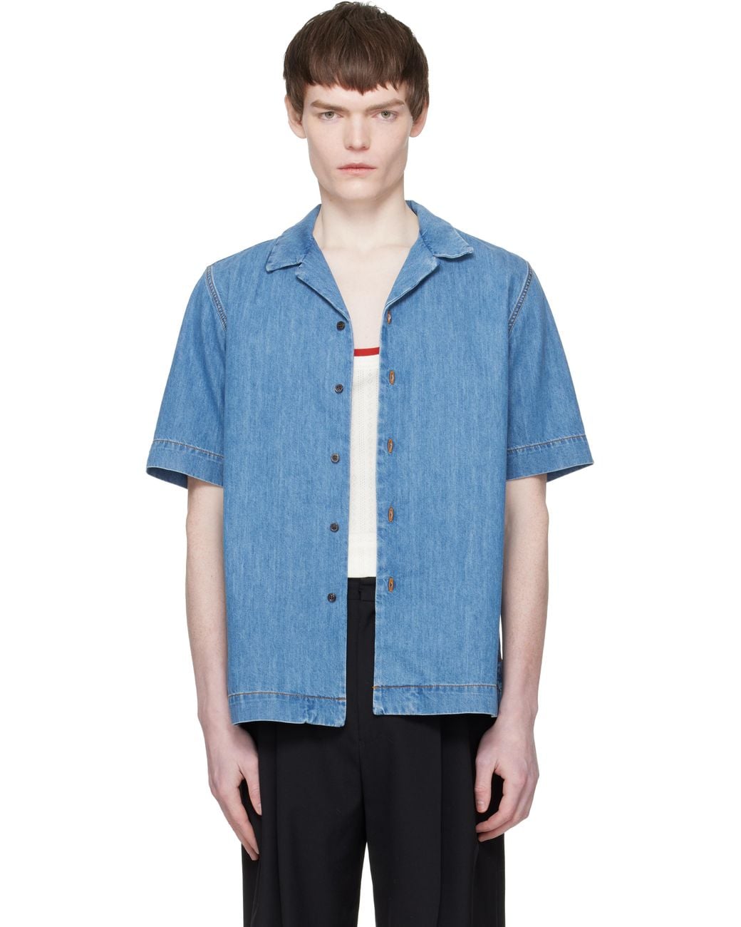 Dries Van Noten Blue Short-Sleeve Denim Shirt for men