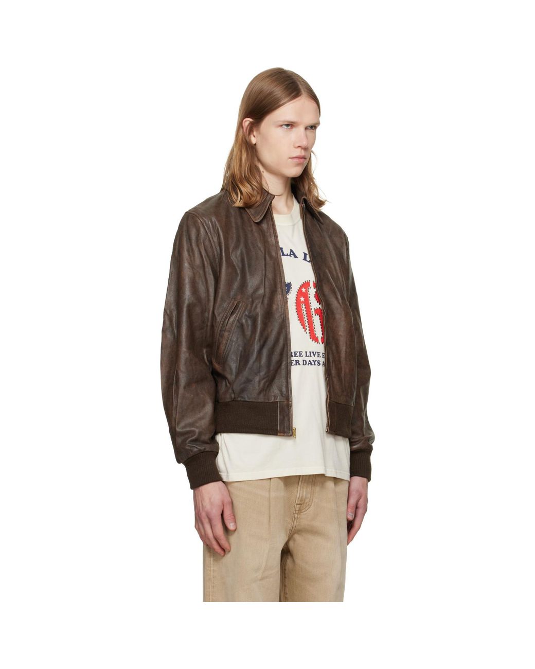 R13 Brown Leather Boyfriend Bomber Jacket for men