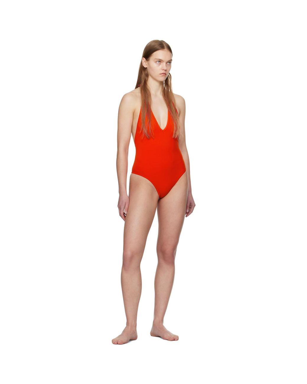 Bottega Veneta Red Stretch Nylon Halter Neck Swimsuit