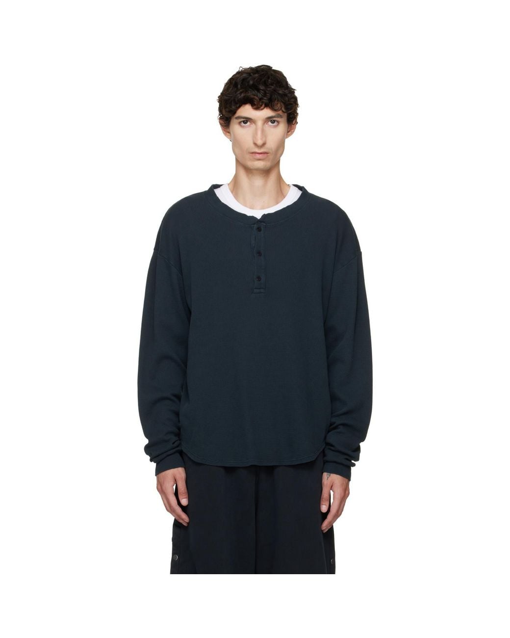 Les Tien Blue Thermal Baseball Hem Henley for men