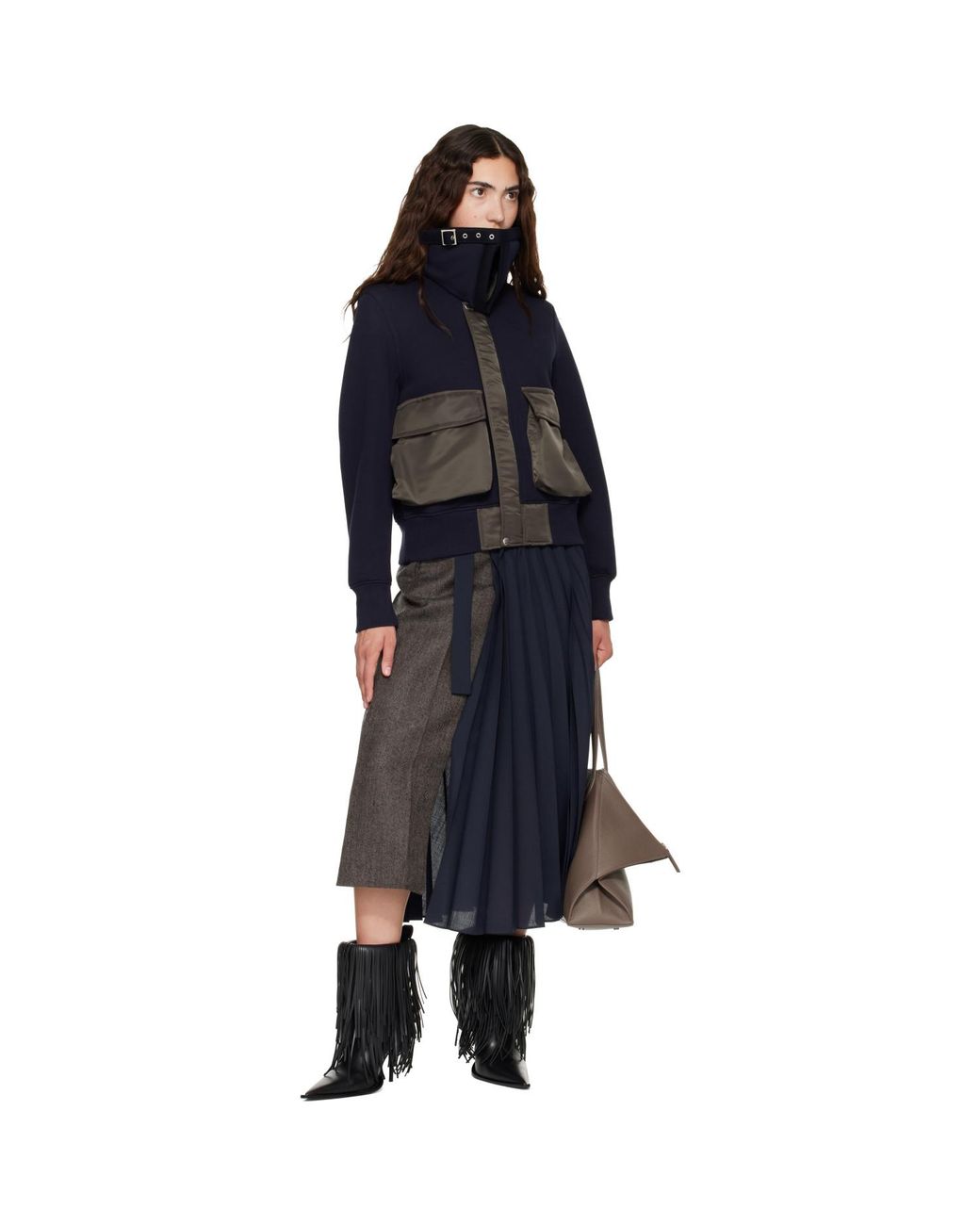 Sacai Black Taupe & Herringbone X Suiting Midi Skirt