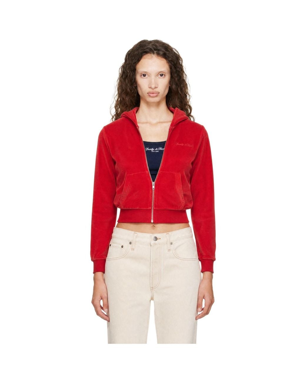 Sporty & Rich Red Signature Logo Krystal Zip Hoodie
