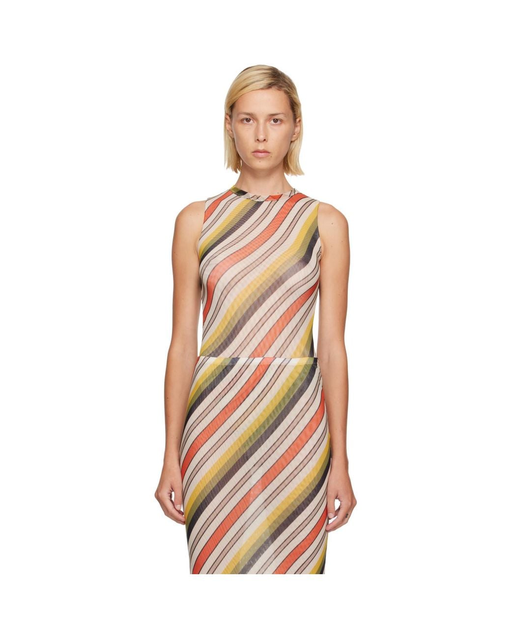 Jean Paul Gaultier Pink Mesh Tank Top Printed Retro Stripe Bodysuit