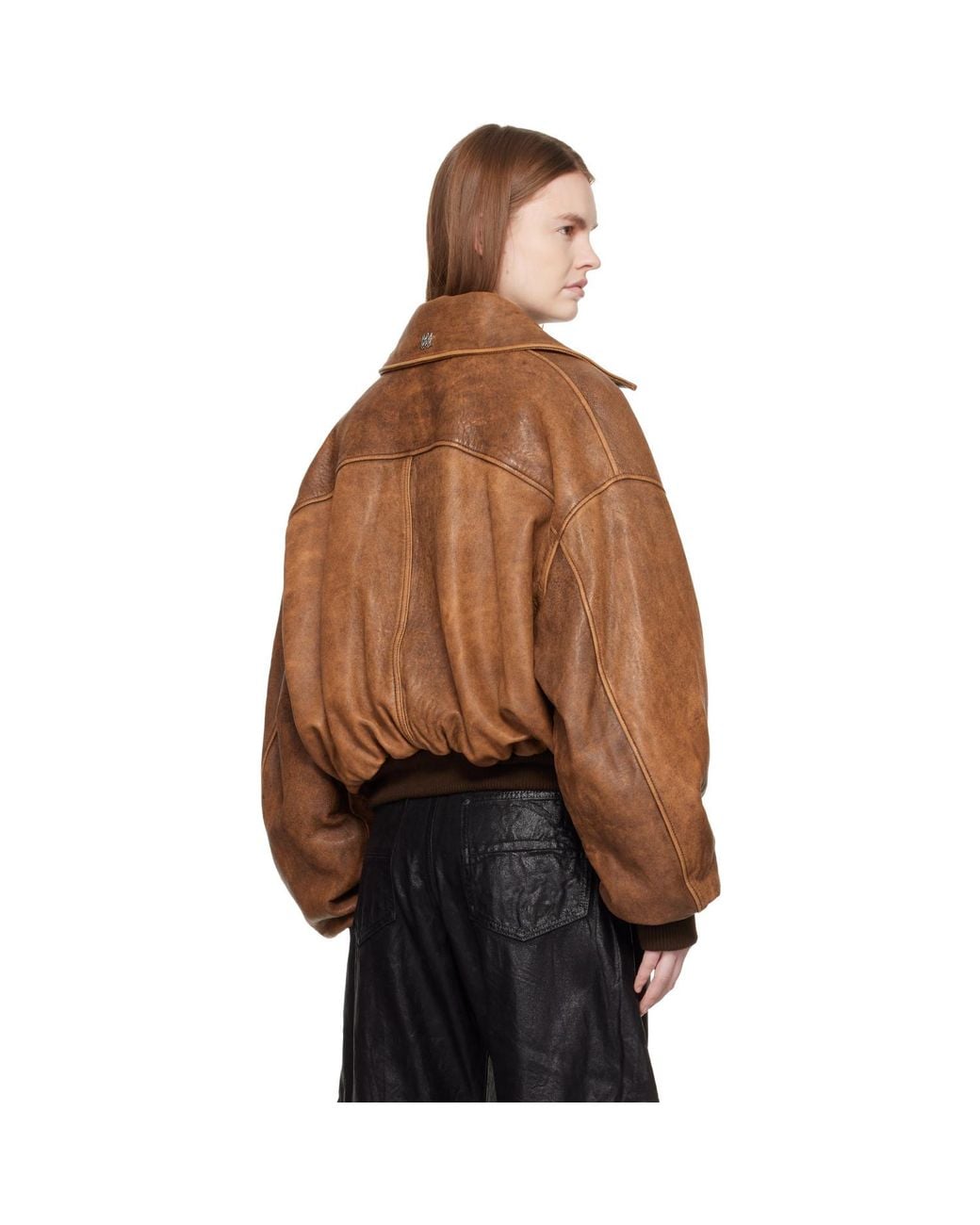 Amiri Brown Tan Faded Leather Bomber Jacket