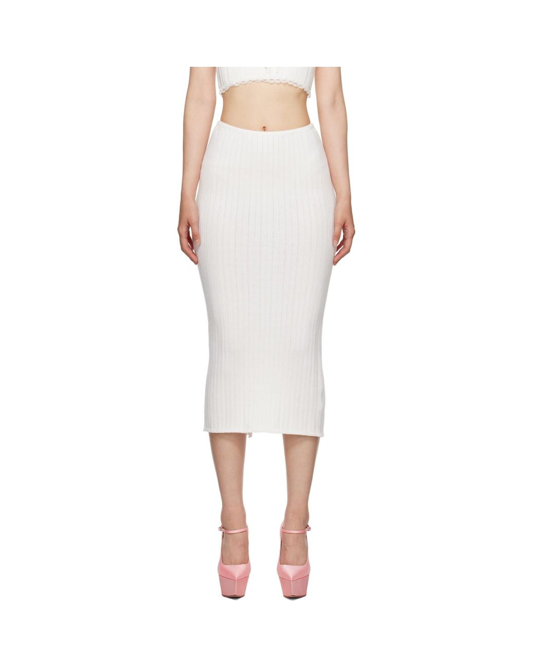 GUIZIO White Ribbed Midi Skirt