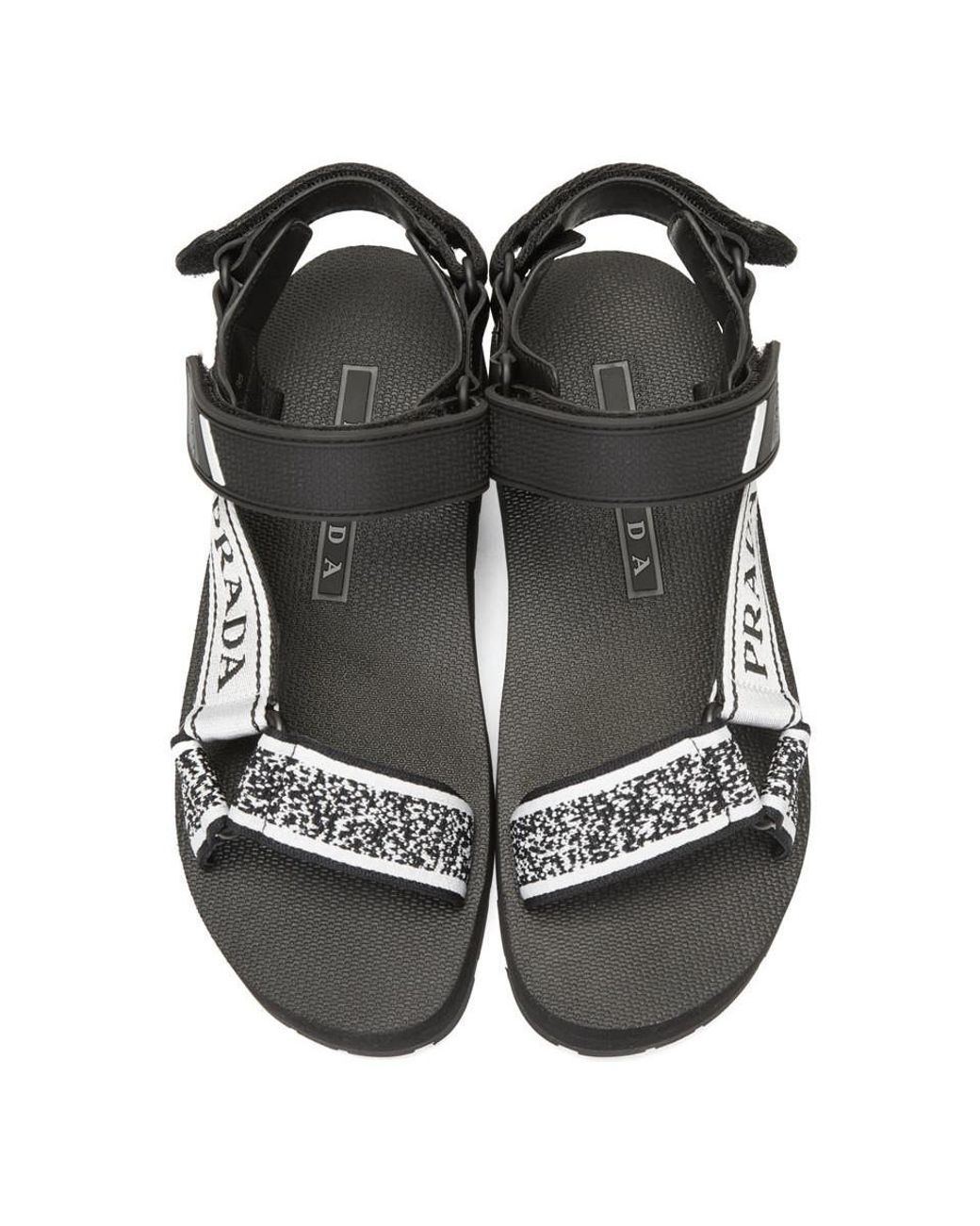 Prada Leather Black And White Velcro Nomad Sandals | Lyst