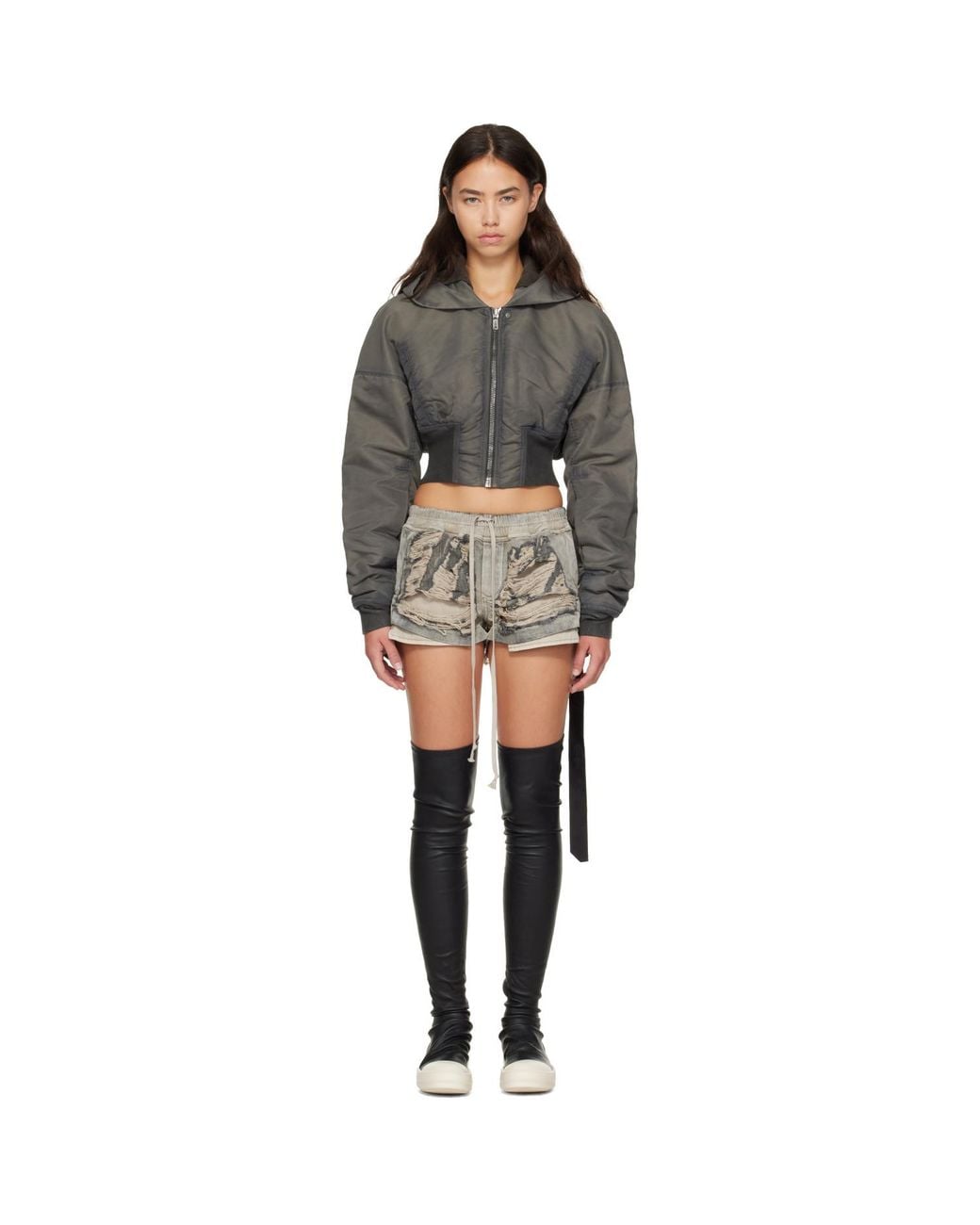 Rick Owens Gray Tower Hooded Cropped Flight Jacket