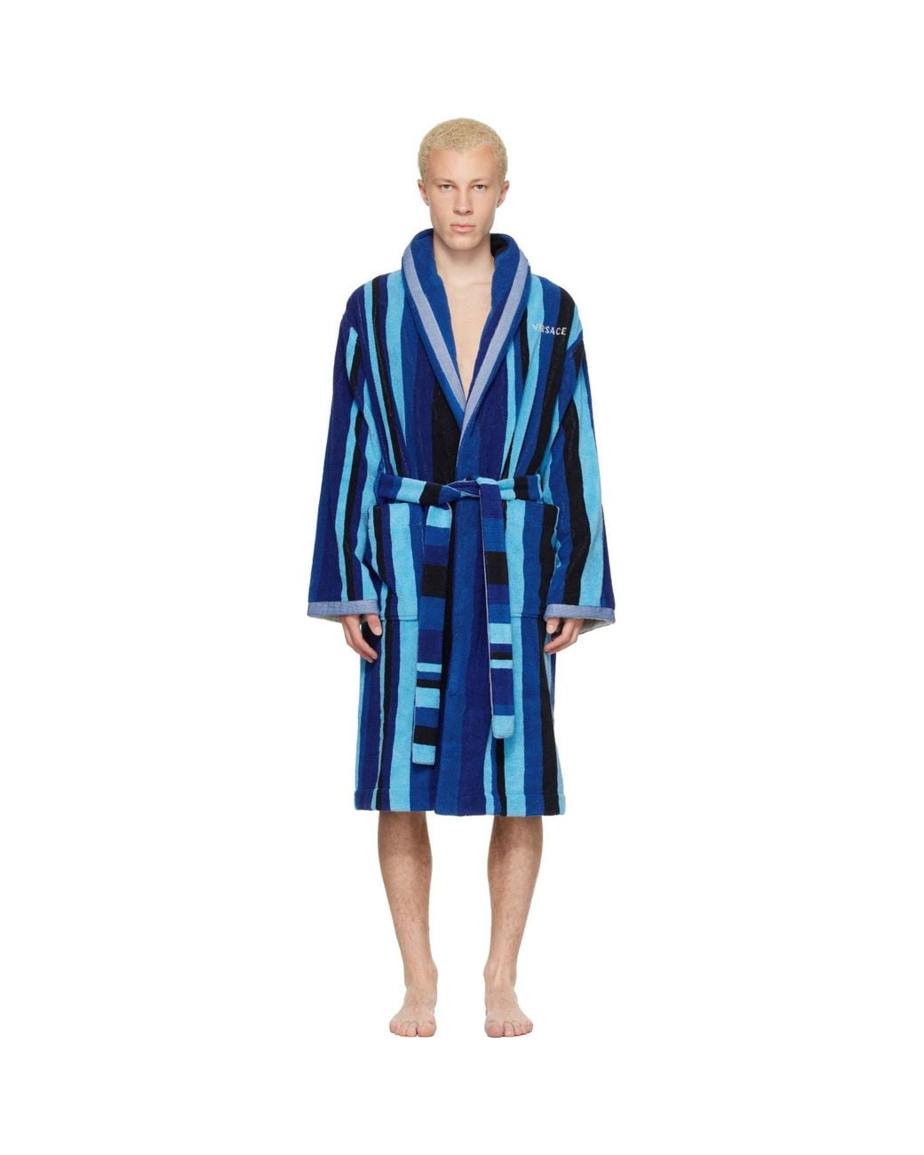 Versace Blue Striped Cotton-terry Jacquard Bathrobe for men