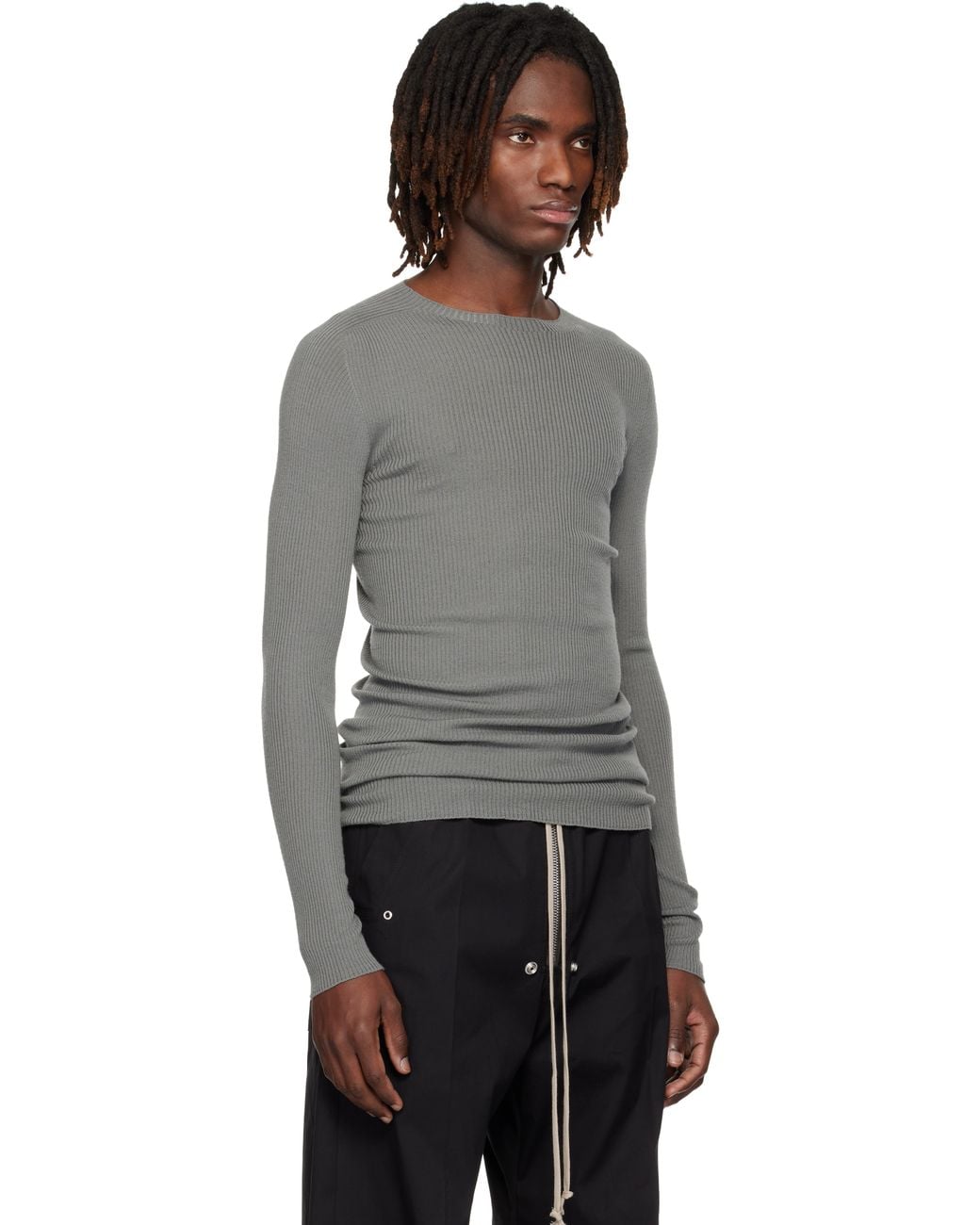 メンズ Rick Owens グレー Temple リブ ラウンドネック セーター Black