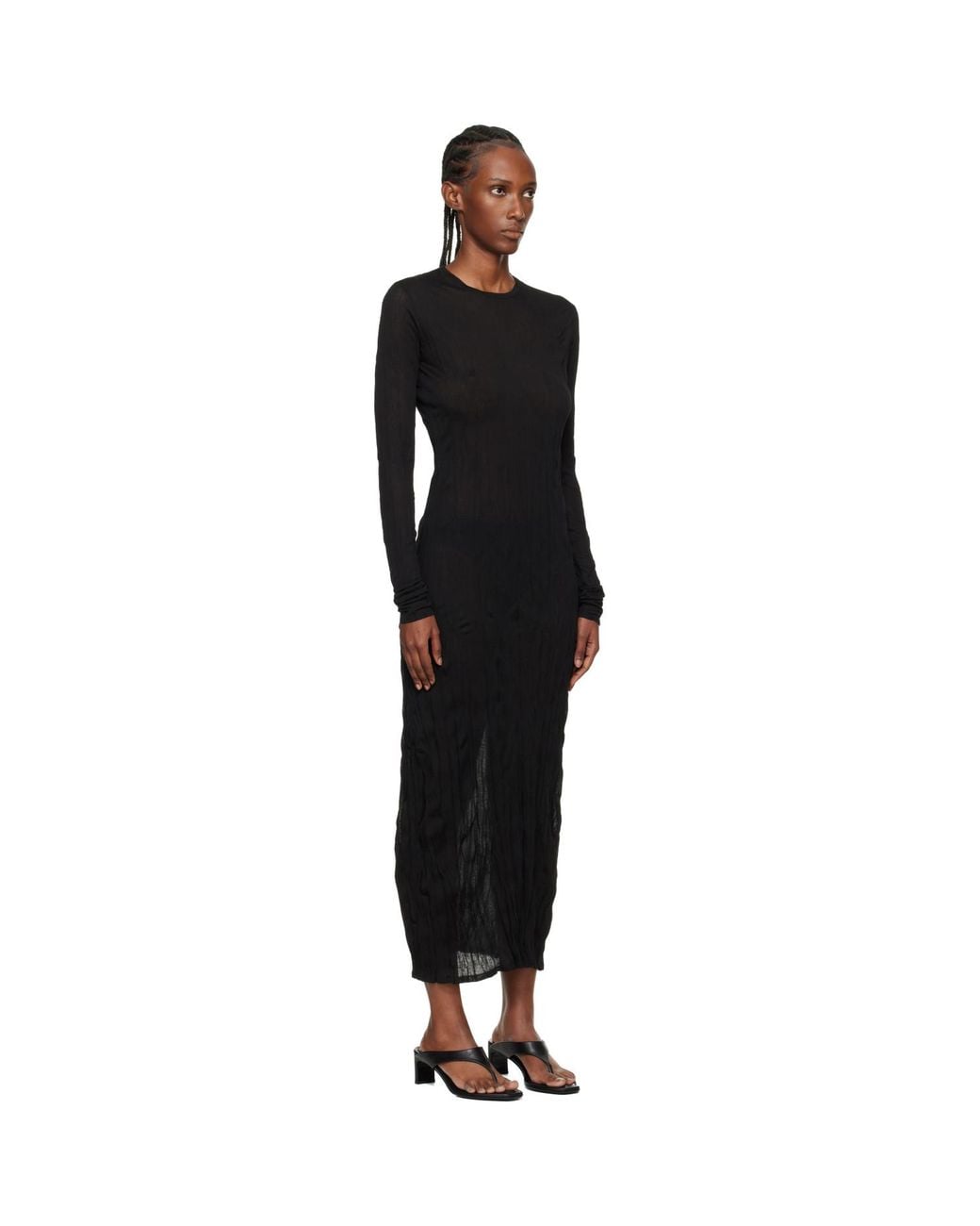 Totême  Black Crinkled Knit Long-Sleeve Midi Dress