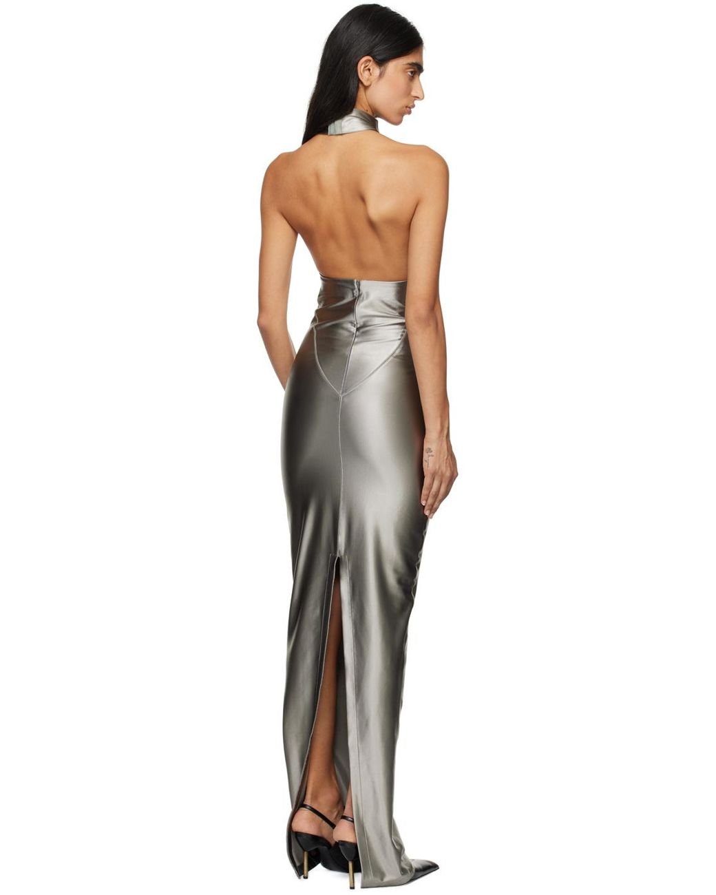 mowalola silver dress Valeska Silver Foil Plunging Sheath Maxi Dress XS / 2