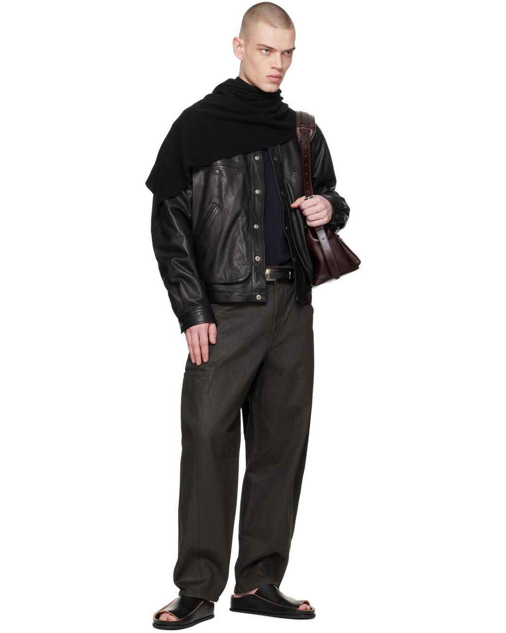 Lemaire Stand Collar Leather Jacket in Black for Men | Lyst