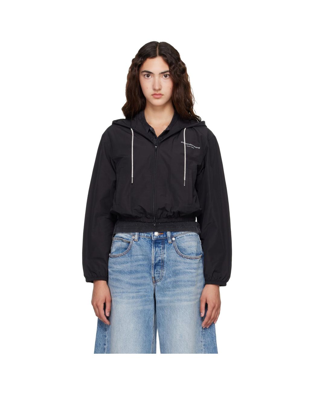 Alexander Wang Black Crystal Hotfix Drawcord Cropped Zip-Up Hoodie