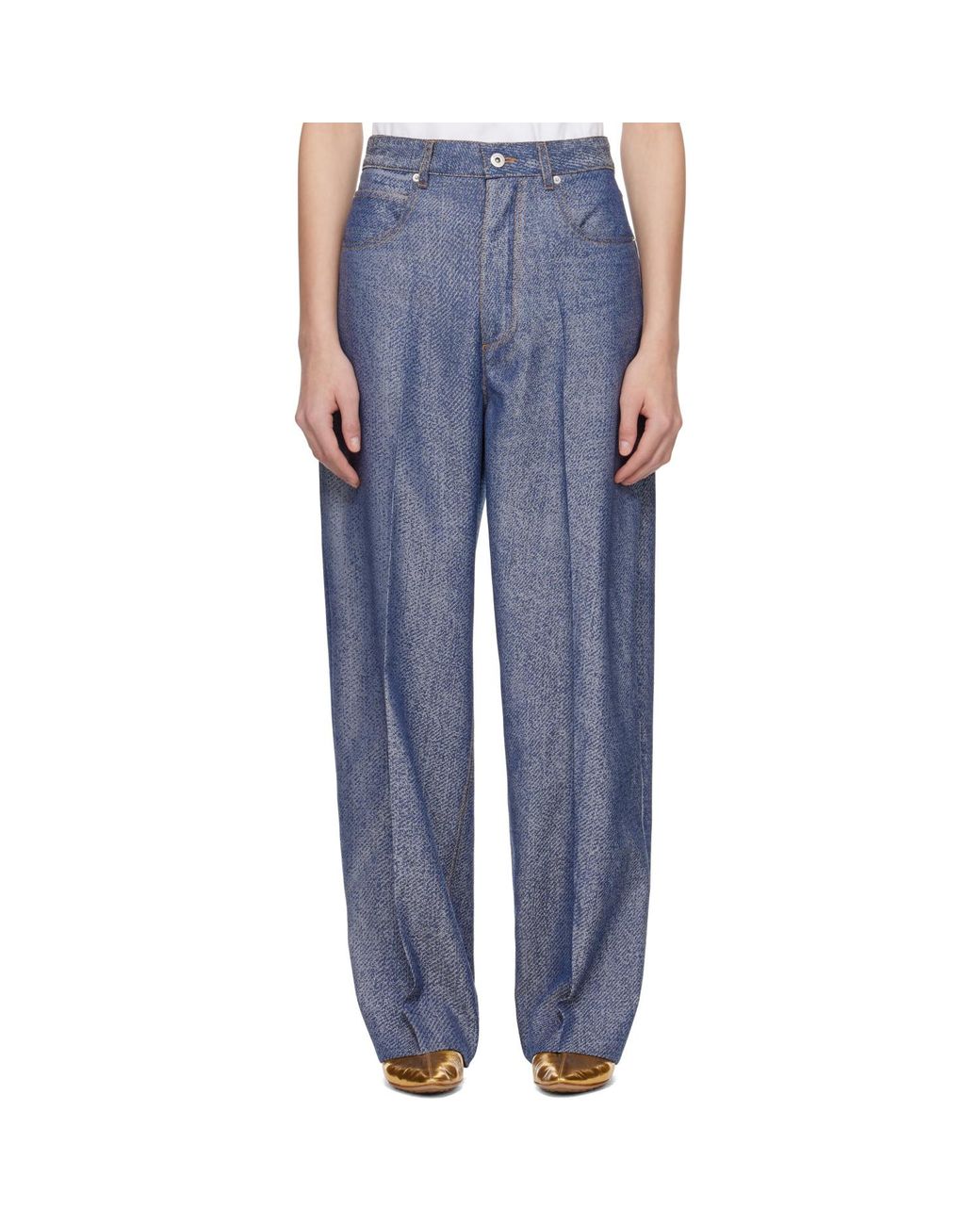 Bottega Veneta Blue Denim Jacquard Wide Leg Trousers