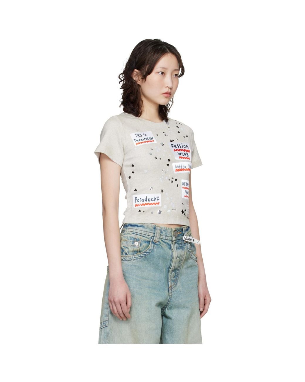 Maison Mihara Yasuhiro White Taupe Embellished Sticker Mini T-Shirt