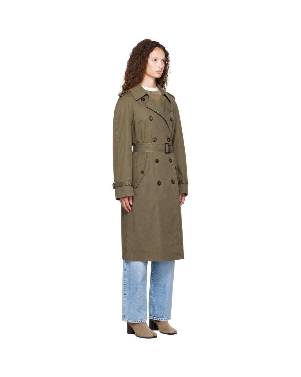 Maison Margiela Green Khaki Double-Breasted Trench Coat