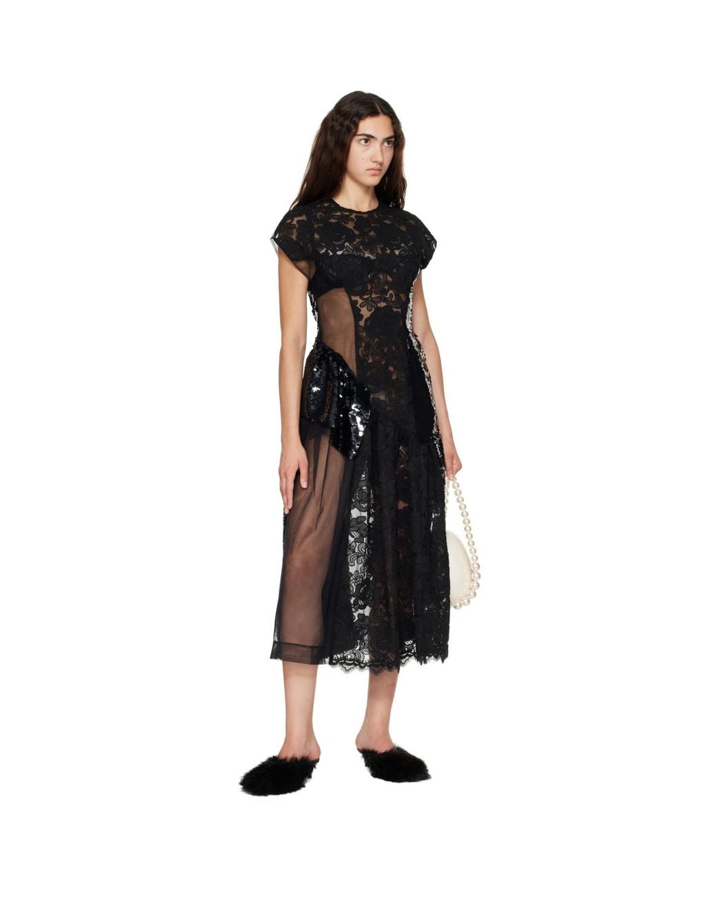Simone Rocha Black Patchwork Cap Sleeve Ruffle Detail Midi Dress